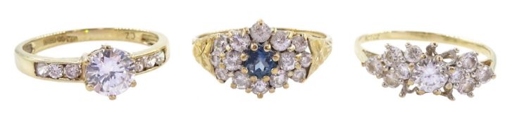 Three 9ct gold cubic zirconia cluster rings