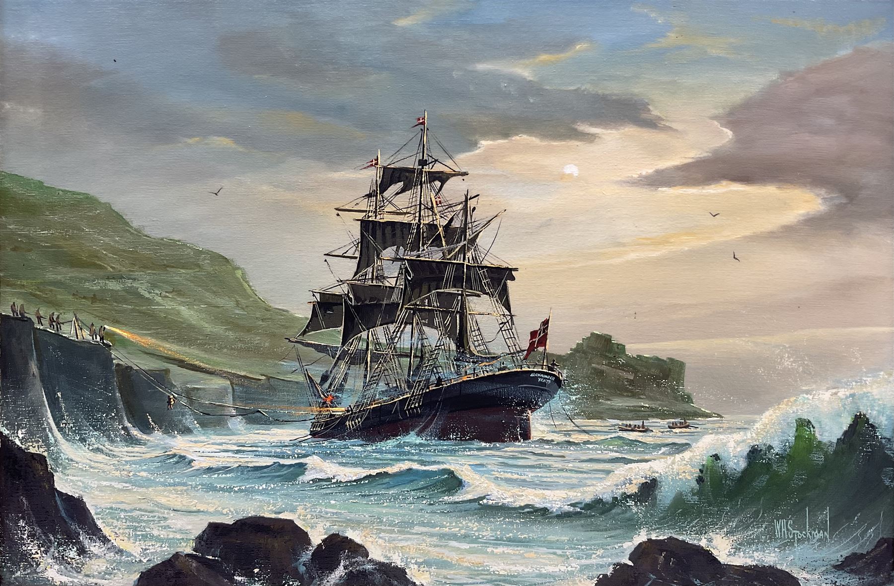 W H Stockman (20th century): Fully Rigged Ship 'Alexander Yeats' in a Cove