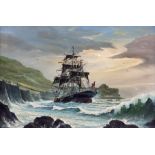 W H Stockman (20th century): Fully Rigged Ship 'Alexander Yeats' in a Cove