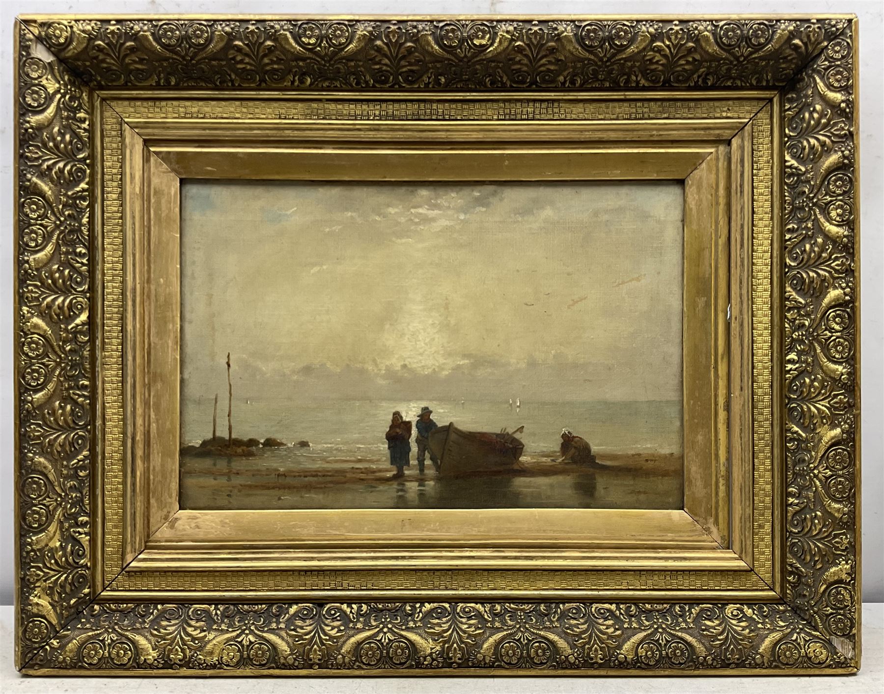 English School (19th century): Fisher Folk and Coble on the Beach at Sunset - Image 2 of 3