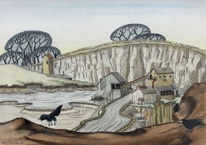 Bert Cummings (British mid 20th century): Quarry Landscape with Crows