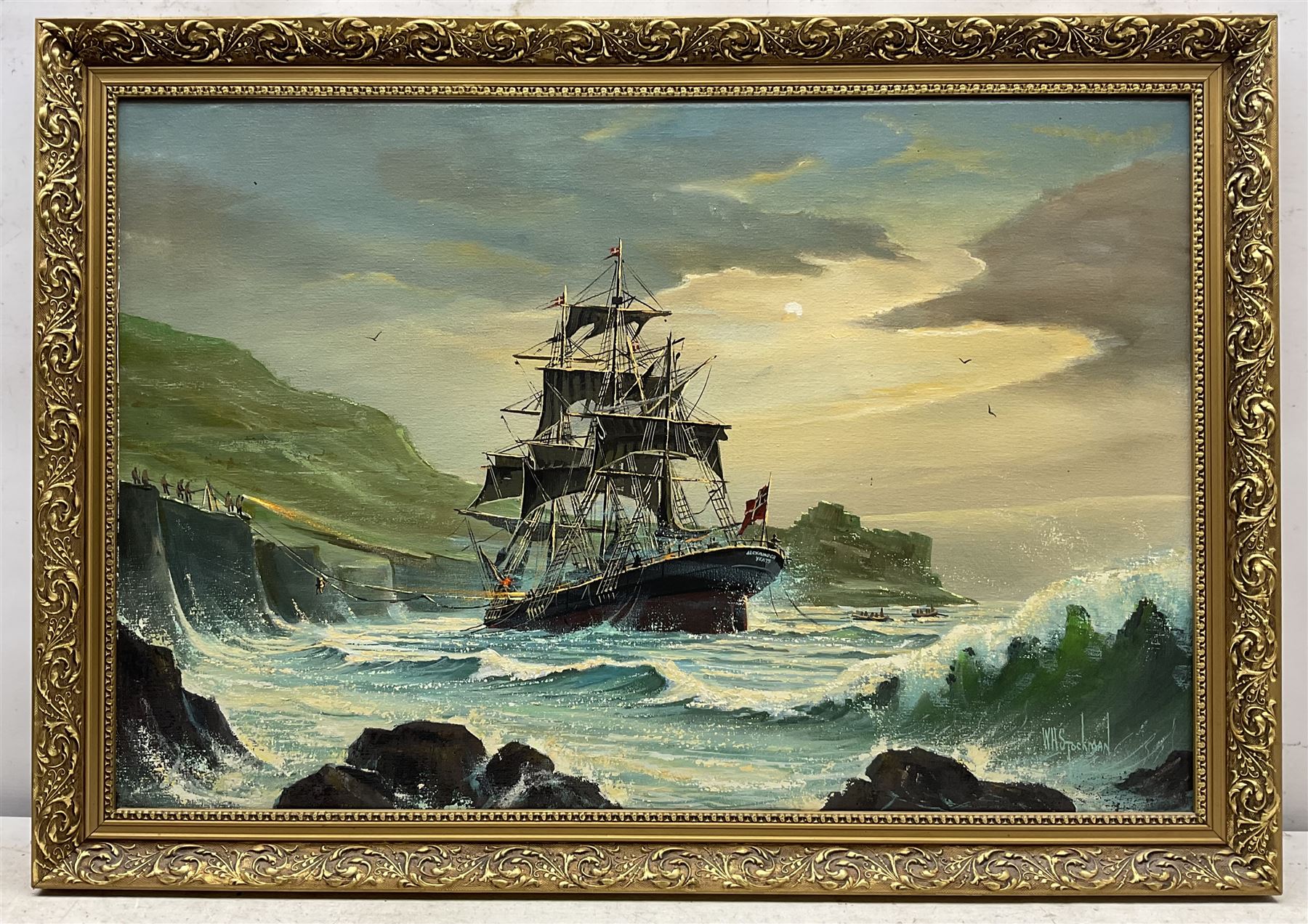 W H Stockman (20th century): Fully Rigged Ship 'Alexander Yeats' in a Cove - Image 2 of 4