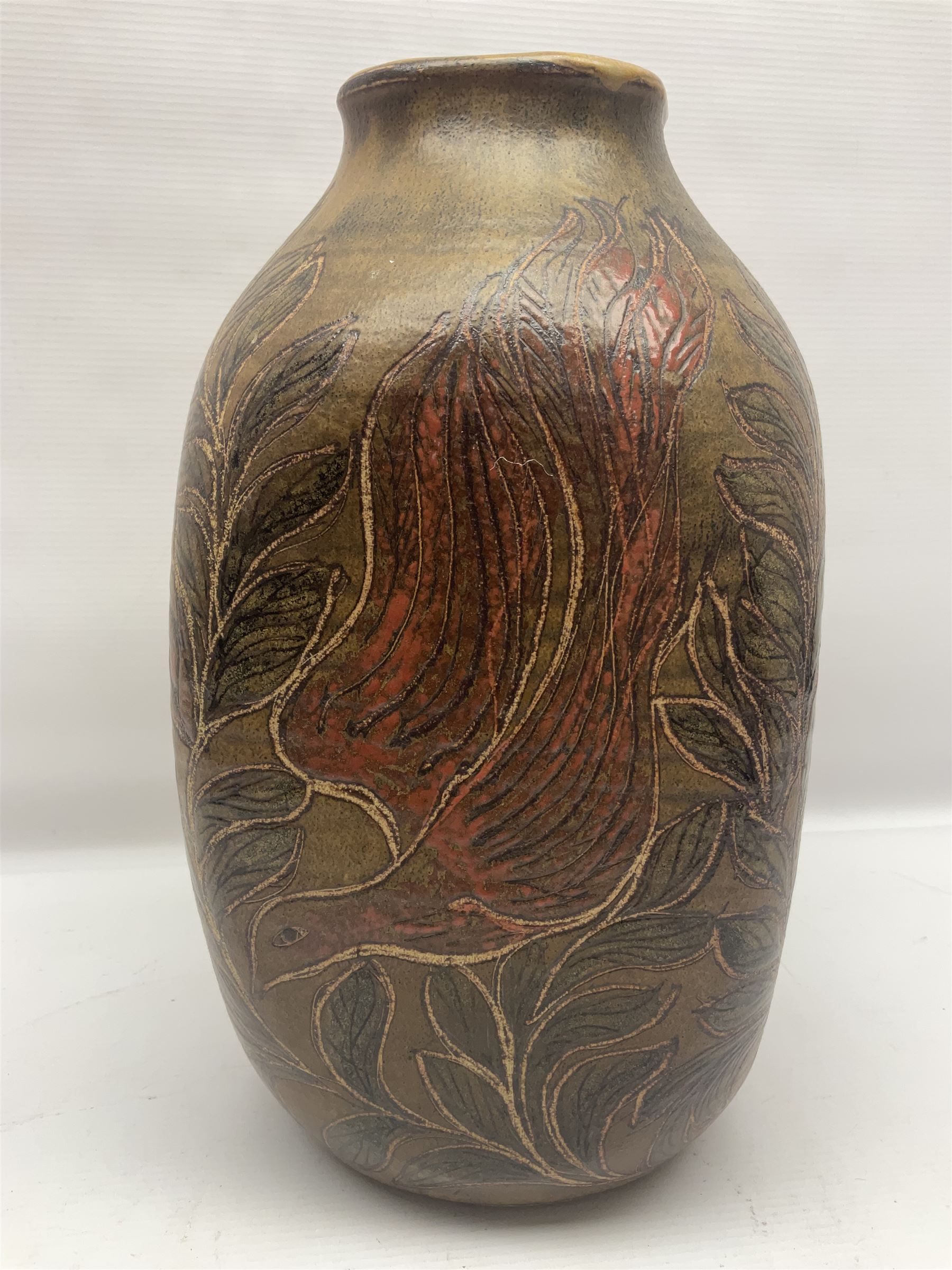 John Egerton (c1945-): studio pottery stoneware vase decorated with red birds in foliage - Image 7 of 9
