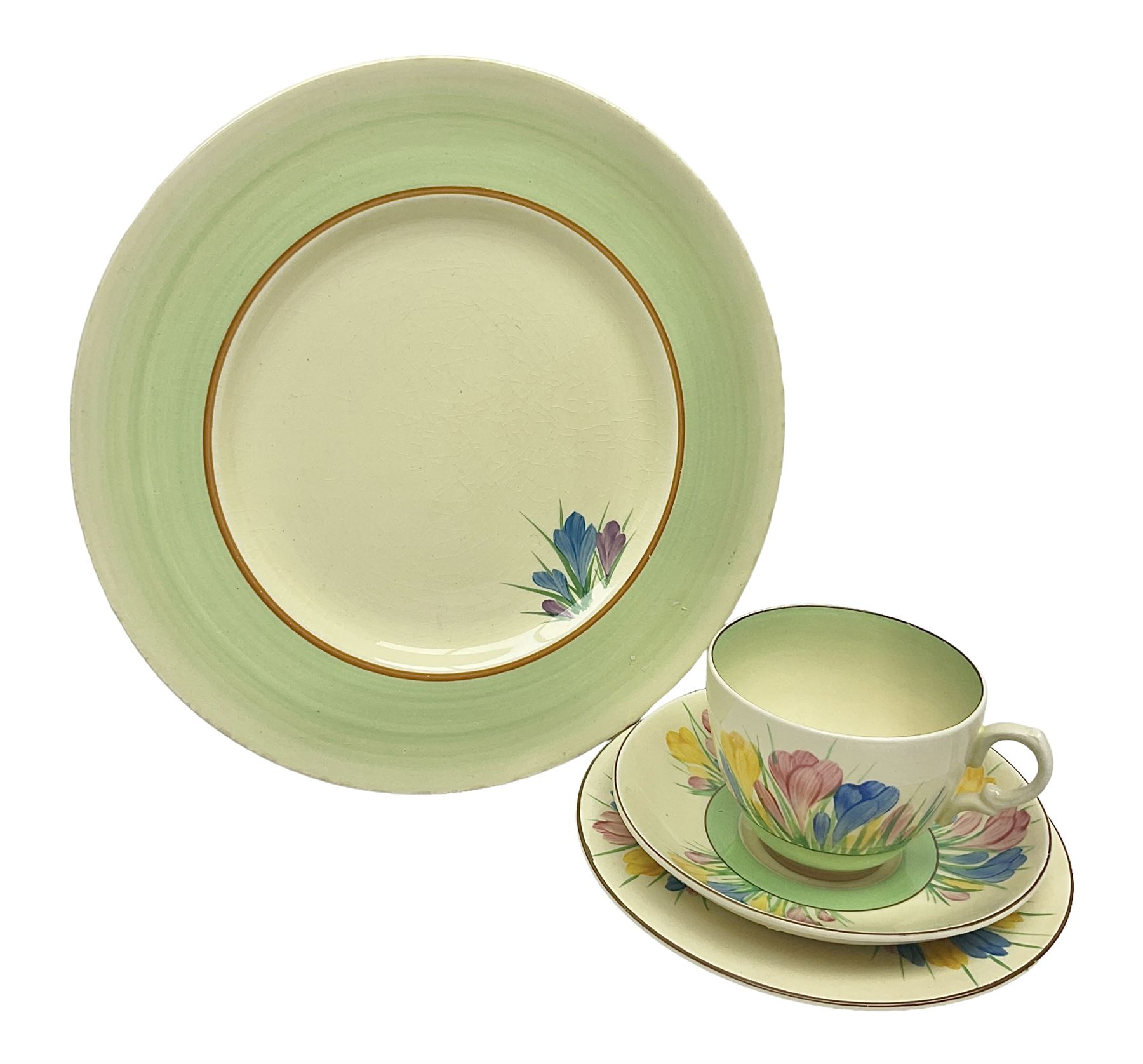 Clarice Cliff trio and plate in Spring Crocus pattern