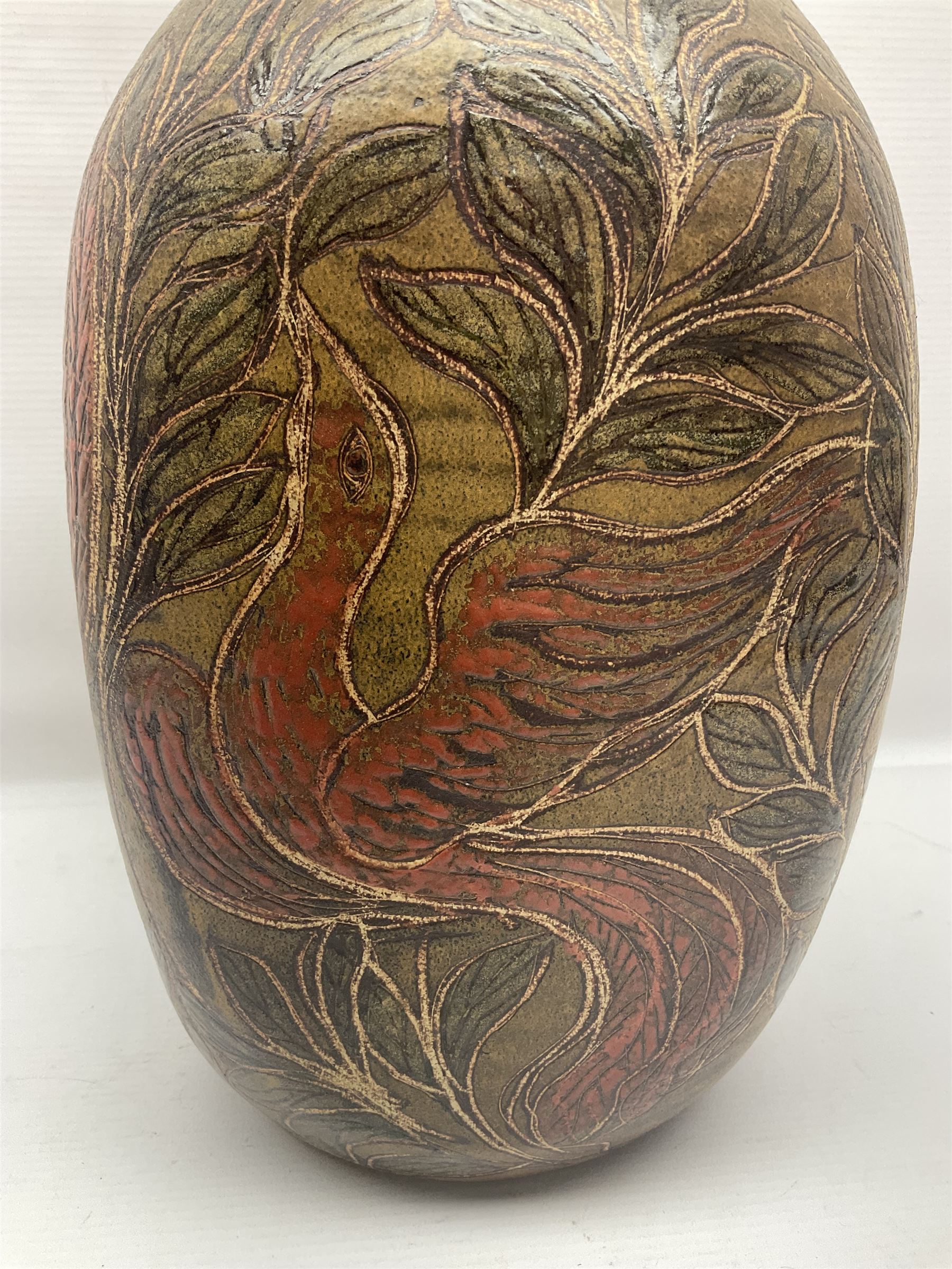 John Egerton (c1945-): studio pottery stoneware vase decorated with red birds in foliage - Image 3 of 9