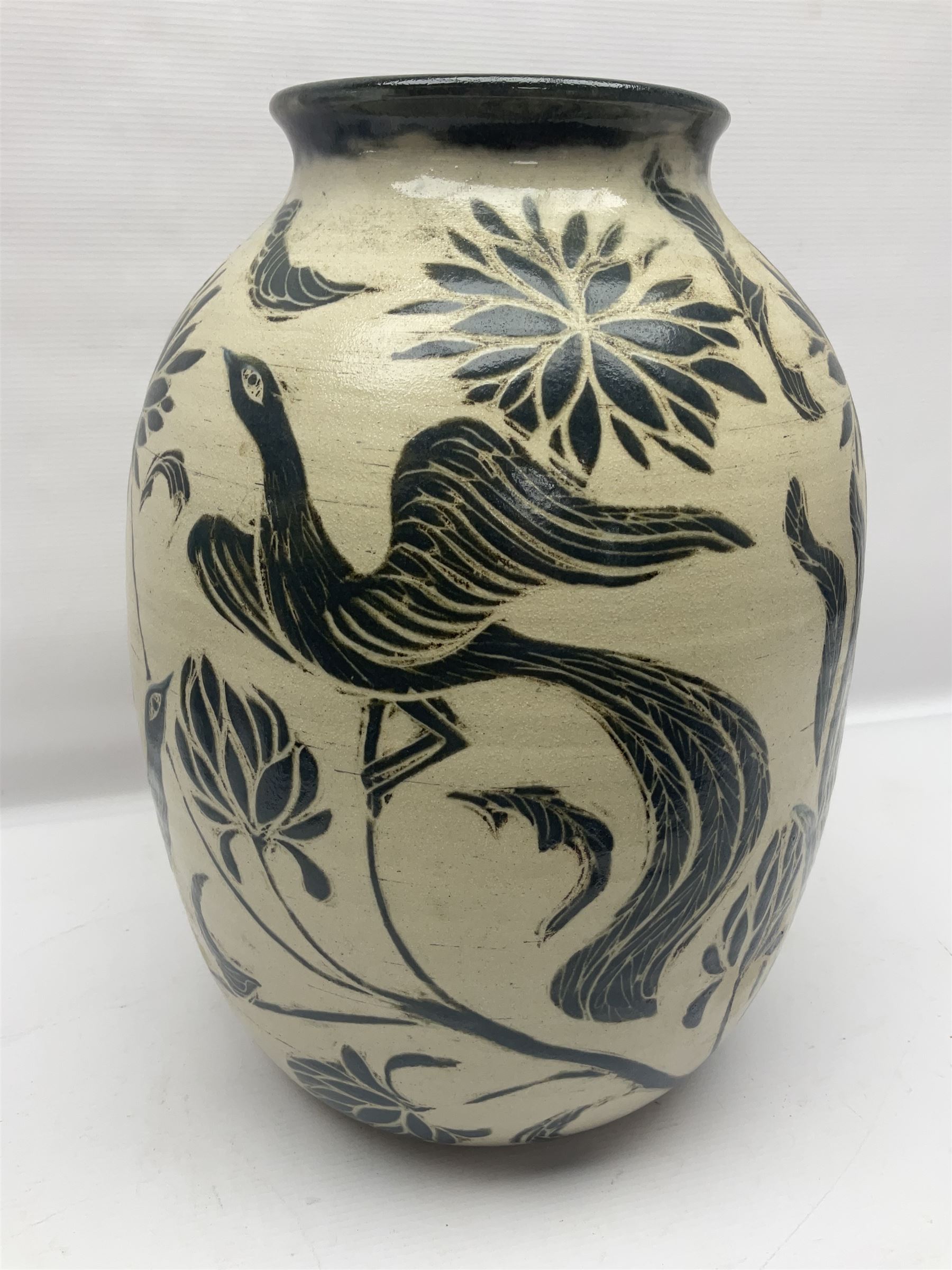 John Egerton (c1945-): studio pottery stoneware vase decorated with birds in flowers braches upon a - Image 7 of 8