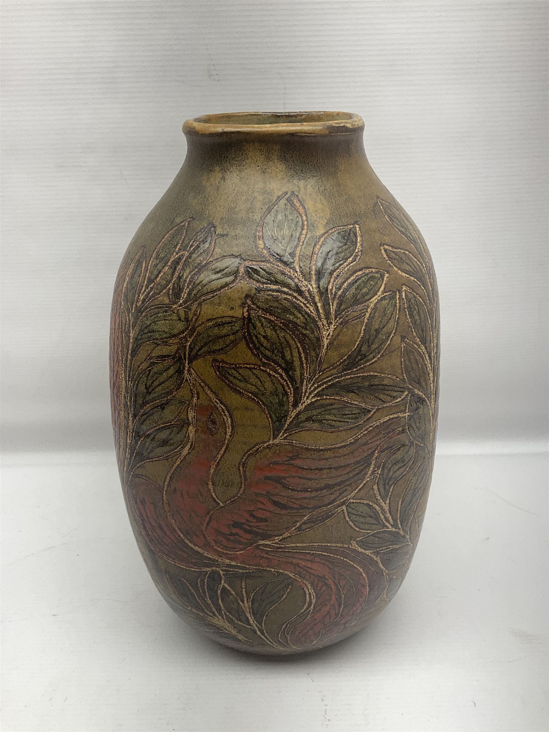 John Egerton (c1945-): studio pottery stoneware vase decorated with red birds in foliage - Image 2 of 9