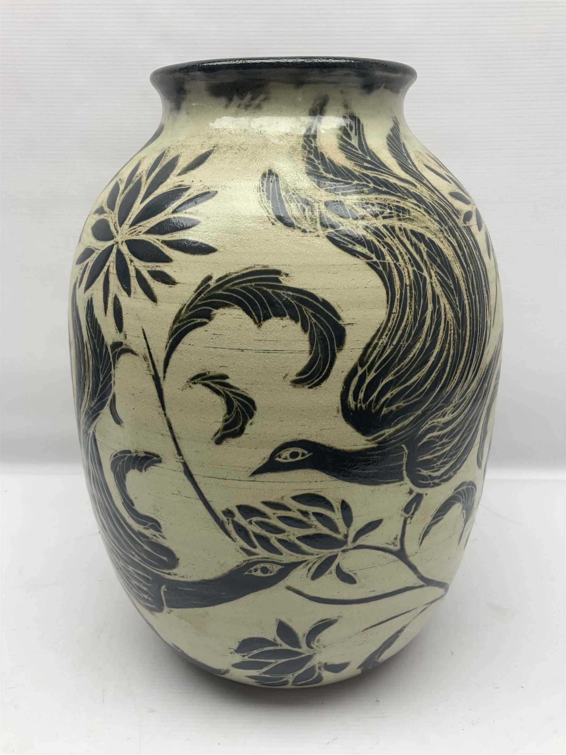 John Egerton (c1945-): studio pottery stoneware vase decorated with birds in flowers braches upon a - Image 6 of 8