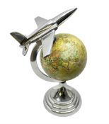 Art Deco style world globe with chrome aeroplane finial and mounts