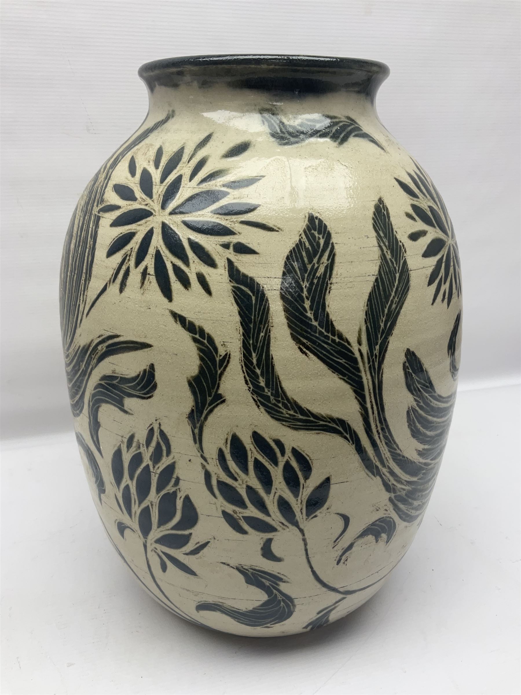 John Egerton (c1945-): studio pottery stoneware vase decorated with birds in flowers braches upon a - Image 5 of 8