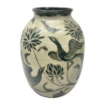 John Egerton (c1945-): studio pottery stoneware vase decorated with birds in flowers braches upon a