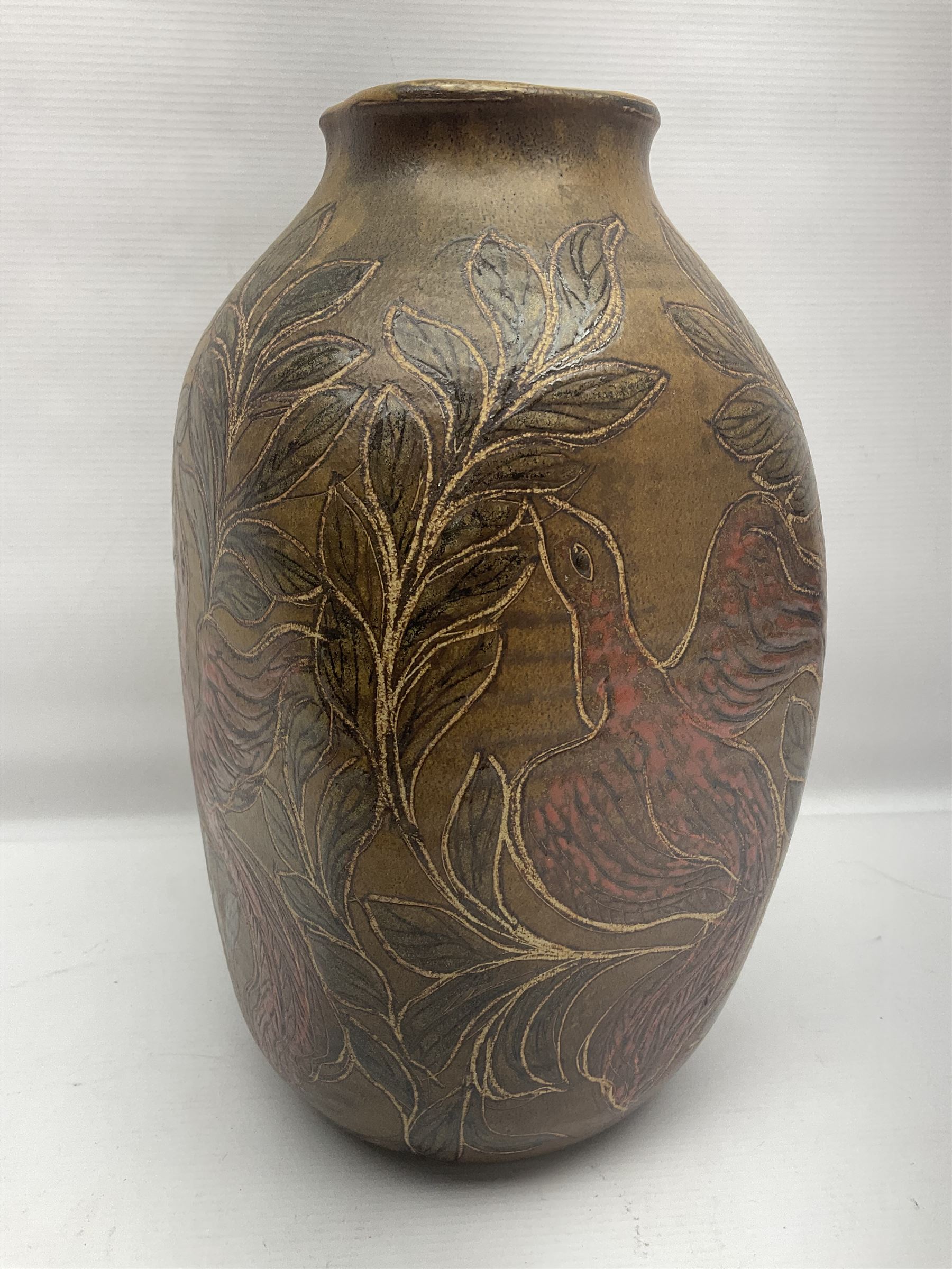 John Egerton (c1945-): studio pottery stoneware vase decorated with red birds in foliage - Image 6 of 9