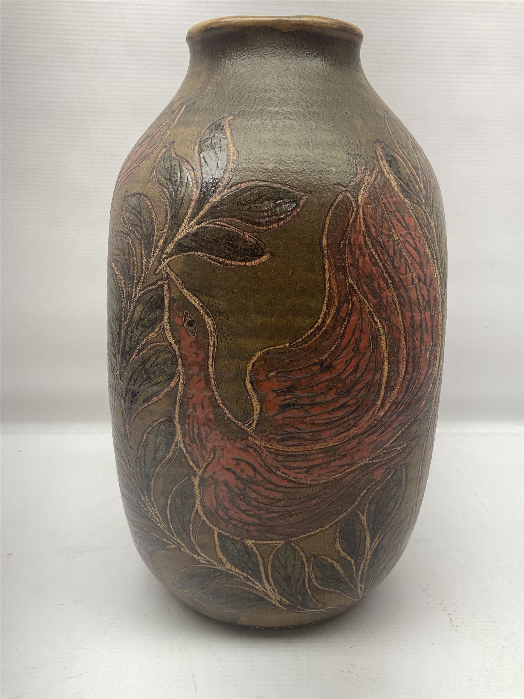 John Egerton (c1945-): studio pottery stoneware vase decorated with red birds in foliage - Image 8 of 9