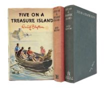 Enid Blyton; three copies of The First Adventure of the Famous Five; Five on Treasure Island