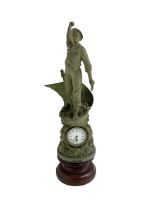 Edwardian - Large figural clock with a Verdigris finish mounted on a mahogany plinth