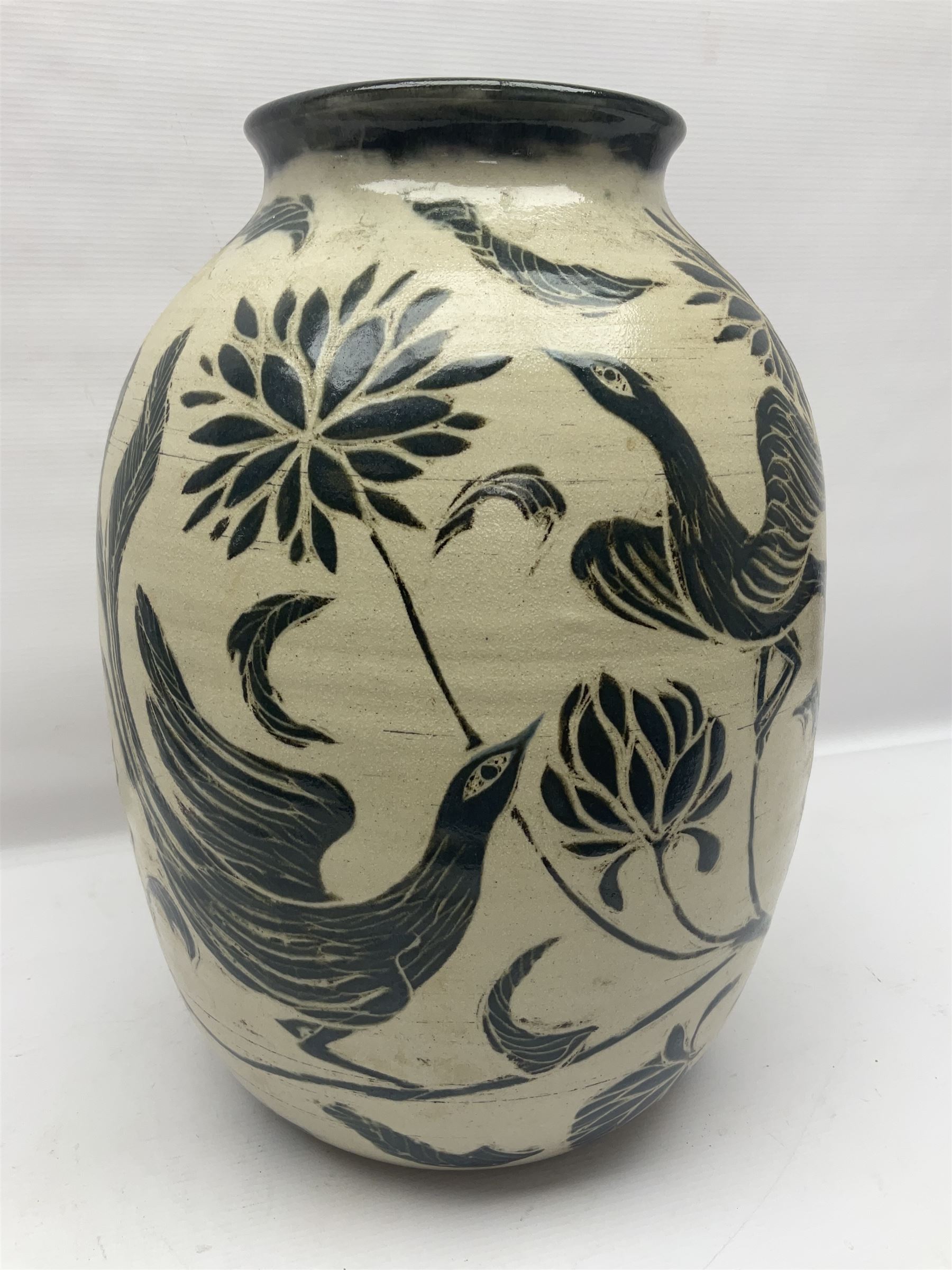 John Egerton (c1945-): studio pottery stoneware vase decorated with birds in flowers braches upon a - Image 4 of 8