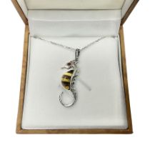 Silver Baltic amber seahorse pendant necklace