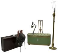 Amphora-shaped vase on metal stand; vintage suitcase; adjustable table or desk lamp; Lloyd Loom desi