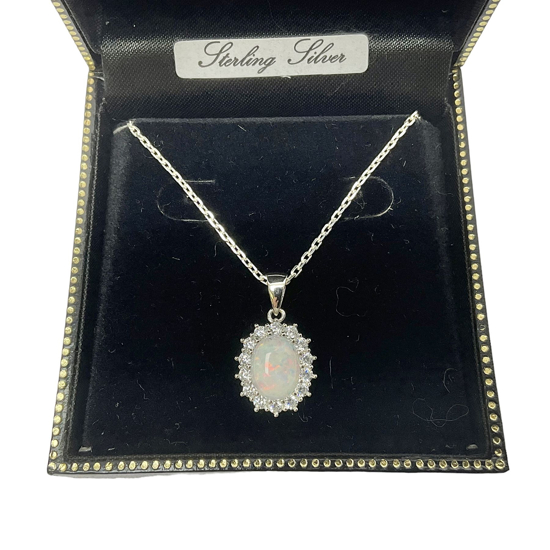 Silver opal and cubic zirconia cluster pendant necklace