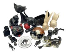 Two Sylvac rabbit figures and a collection of cat ceramics and collectables including planter