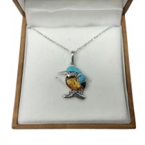 Silver Baltic amber and turquoise kingfisher pendant necklace