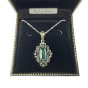 Silver marcasite and green stone pendant necklace