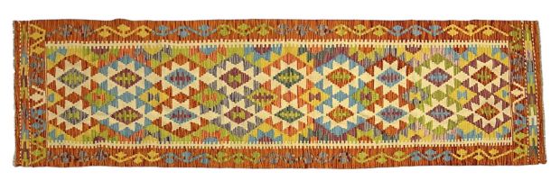 Chobi kilim multi-coloured geometric design runner