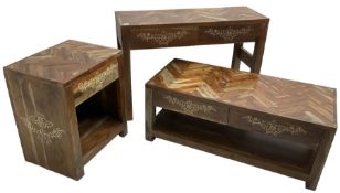 Joe Browns - hardwood lounge set; rectangular coffee table fitted with two drawers and under-tier (1