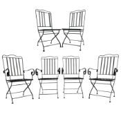 Set of six (4+2) grey finish wrought metal garden chairs