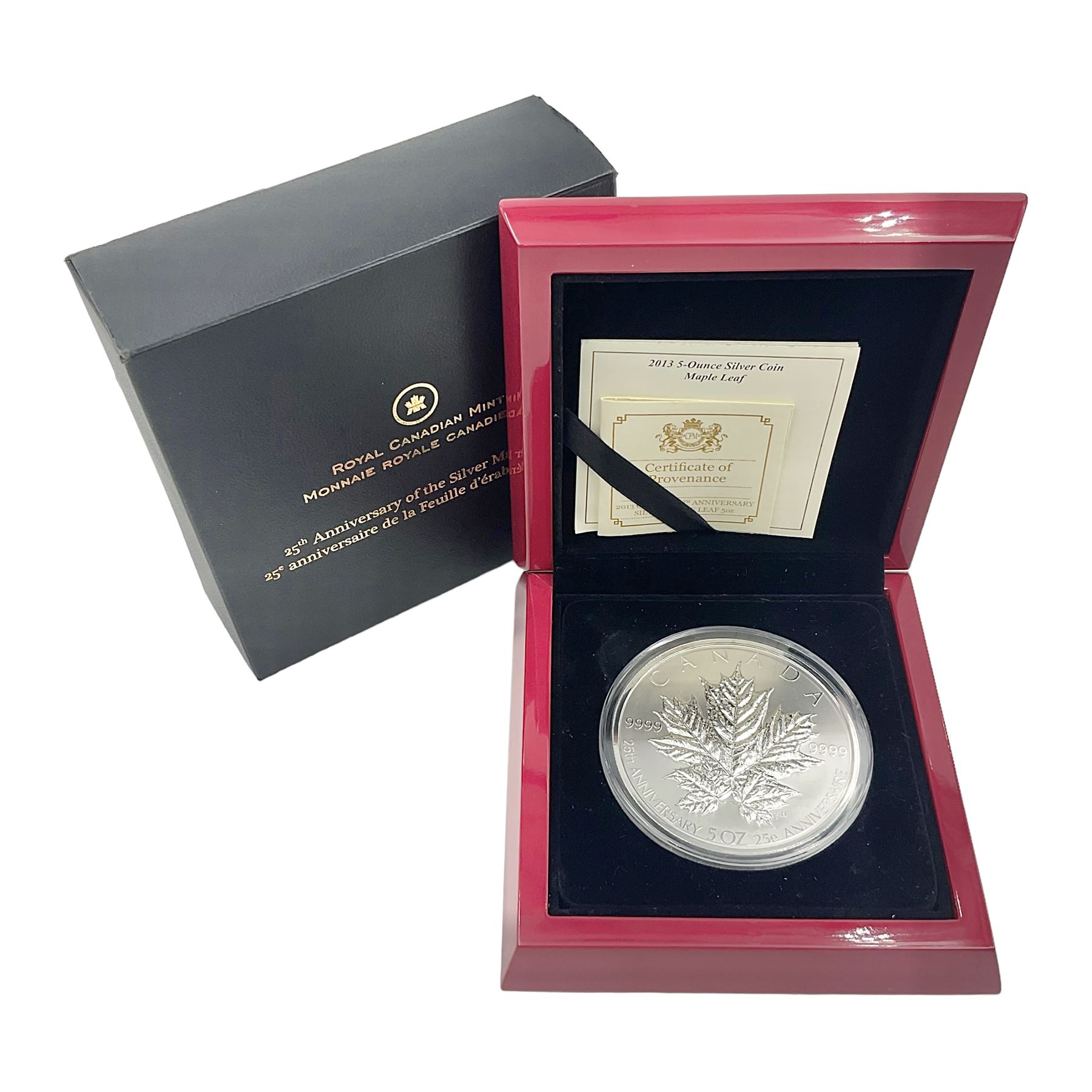 Royal Canadian Mint 2013 '25th Anniversary Maple Leaf' five ounce fine silver coin