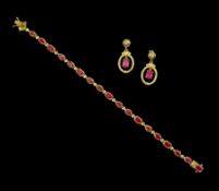 Silver-gilt ruby and white topaz bracelet and a pair of ruby and white topaz pendant stud earrings