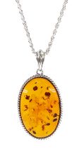 Silver oval Baltic amber pendant necklace