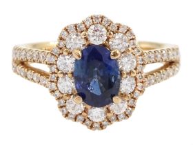 18ct rose gold oval cut sapphire and round brilliant cut diamond cluster ring