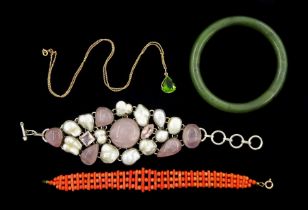 Silver pearl and rose quartz bracelet