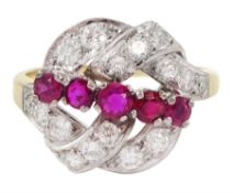18ct gold round brilliant cut diamond and synthetic ruby crossover ring