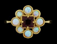 Silver-gilt opal and garnet cluster ring