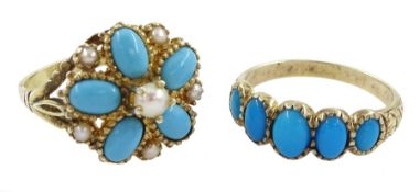 Silver -gilt turquoise and pearl cluster ring and a silver-gilt five stone graduating turquoise ring
