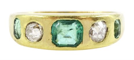 Victorian five stone gypsy set octagonal cut emerald and old cut diamond ring