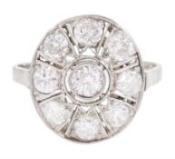 Continental Art Deco platinum nine stone old cut diamond oval panel ring