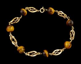 14ct gold fancy twist and tigers eye link bracelet