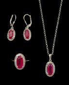 Silver oval cut ruby and baguette cut diamond suite including ring