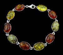 Silver tri-coloured oval amber link bracelet