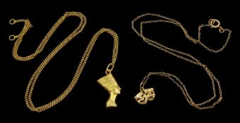 18ct gold Pharaoh pendant necklace and a 9ct gold two mask face pendant necklace