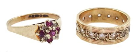 Gold ruby and diamond cluster ring and a gold white sapphire full eternity ring