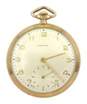 Mid 20th century 9ct gold open face keyless Swiss lever pocket watch by Zenith