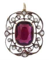 Early 20th century 15ct gold and silver cushion cut garnet and rose cut diamond pendant