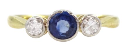 Art Deco gold three stone sapphire and old cut diamond ring