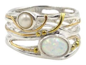 Silver and 14ct gold wire opal and pearl ring