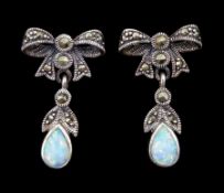 Pair of silver opal and marcasite pendant bow earrings