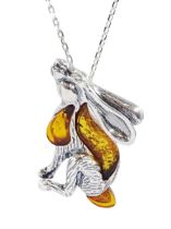 Silver Baltic amber moongazing hare pendant necklace